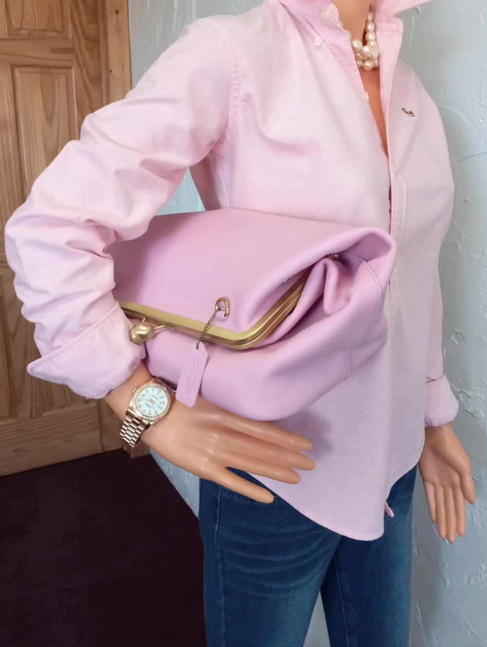 100% Cowhide Leather Kisslock Frame Bag, Pink